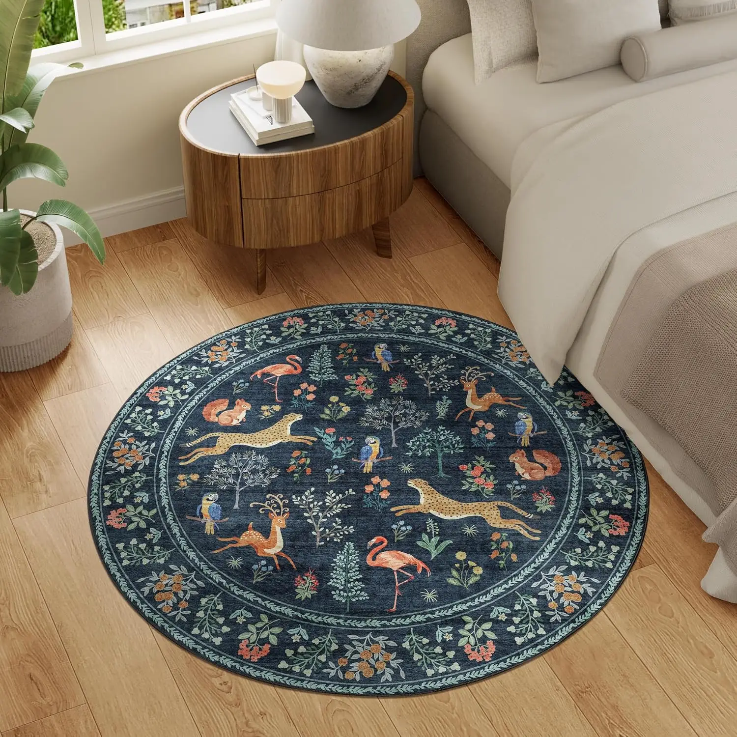 Forest Animal Round Rug Navy Base Cheetah Flamingo Squirrel and Birds in Bloom