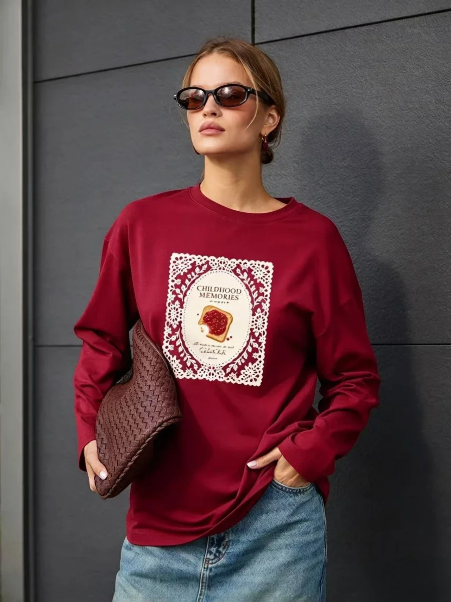 Autumn American 100% Cotton Retro Women Frame Jam Toast Graphic Long Sleeve T-Shirt Loose Fit Vintage Casual Fall Top