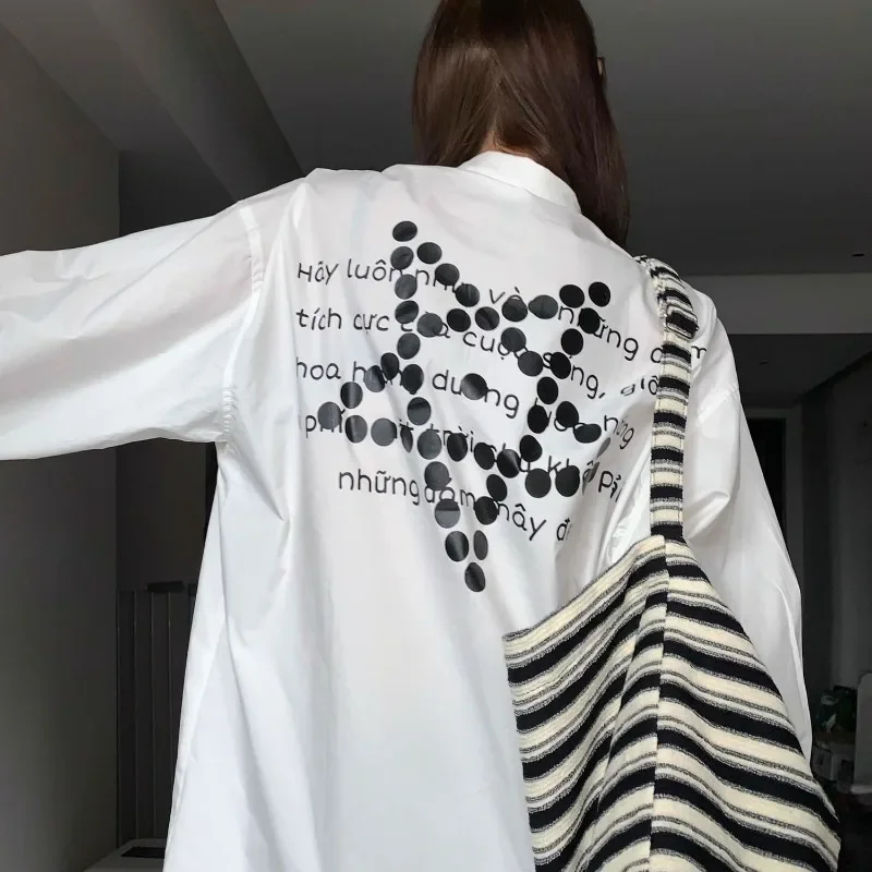 

Letter Print Shirts Women Long Sleeve Single Breasted Turn Down Collar Loose Students Fashion New OL Sun-proof Cozy Daily Tops
