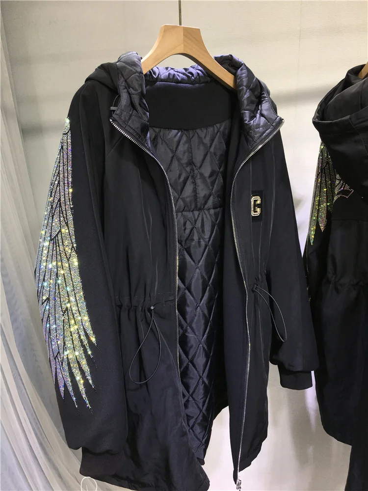 Heavy-Duty Rhinestone Windbreaker Women Spring Autumn Hooded Light Luxury Wings Waist Slimming Black Cardigan Winter Cotton Coat