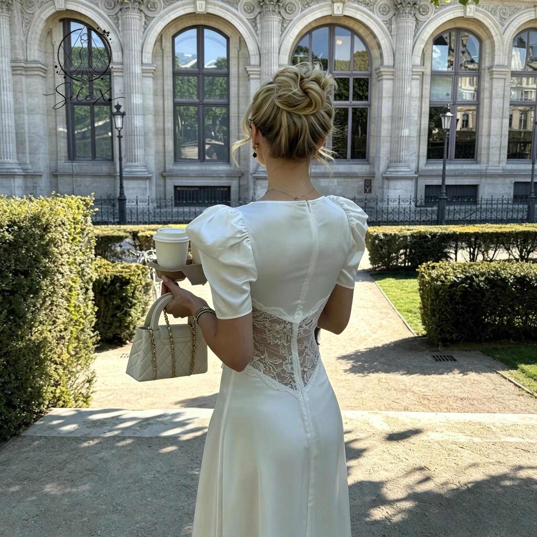 White Satin Lace Midi Dress Puff Sleeve Deep V Neck See-through Corset High Slit Elegant Women Evening Casual Outfit