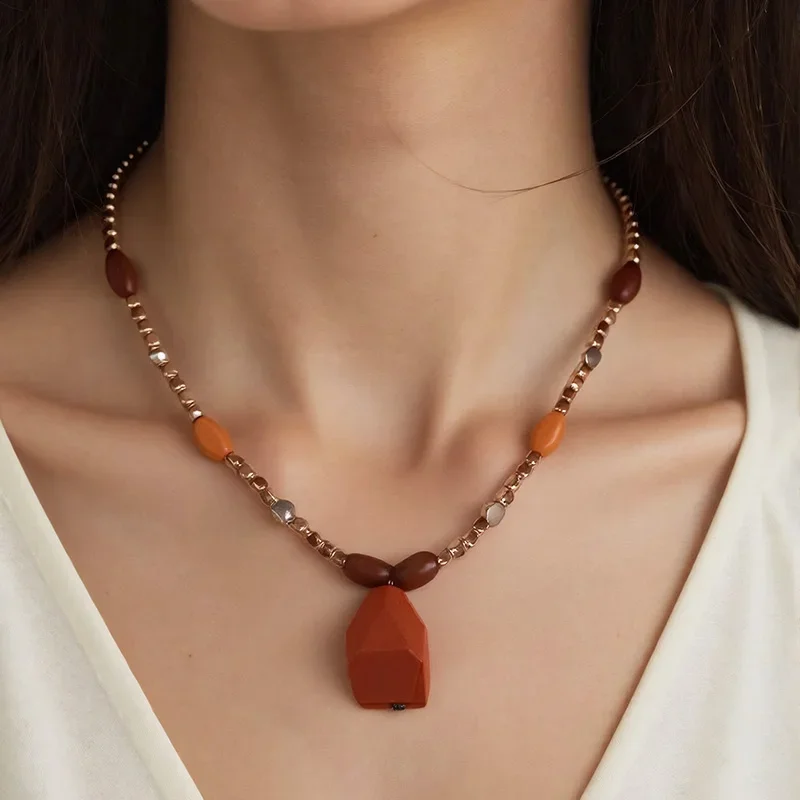 Women's Vintage Statement Necklace with Geometric Wooden Pendant and Mixed Wood Beads Jewelry for Women Daily Wear Earth Tone
