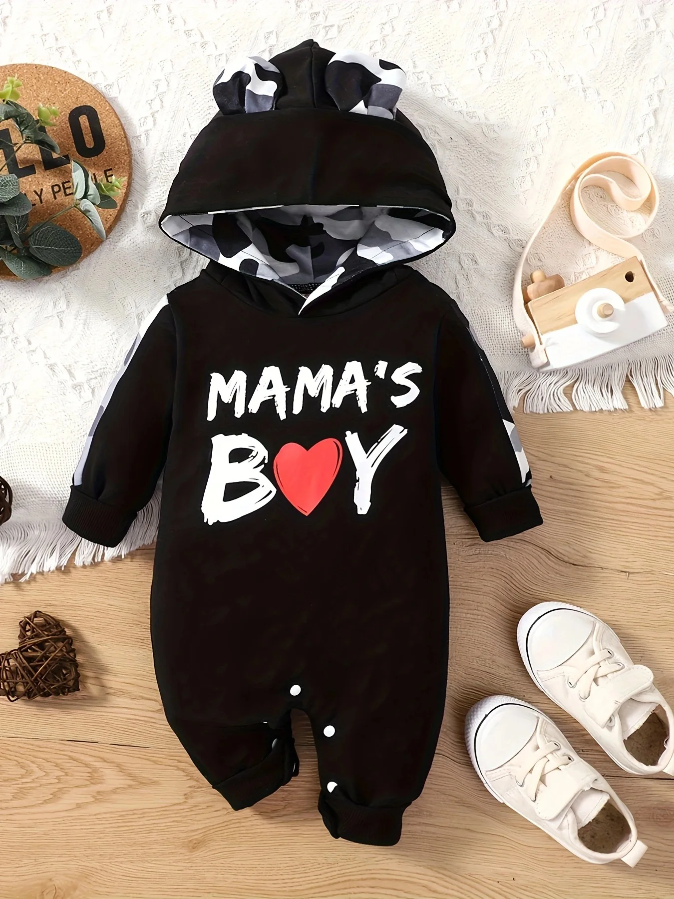 0-18 months Spring and Autumn New Newborn Infants and Young Boys Small Ear Letter Love Printed Long sleeved Pants jumpsuit