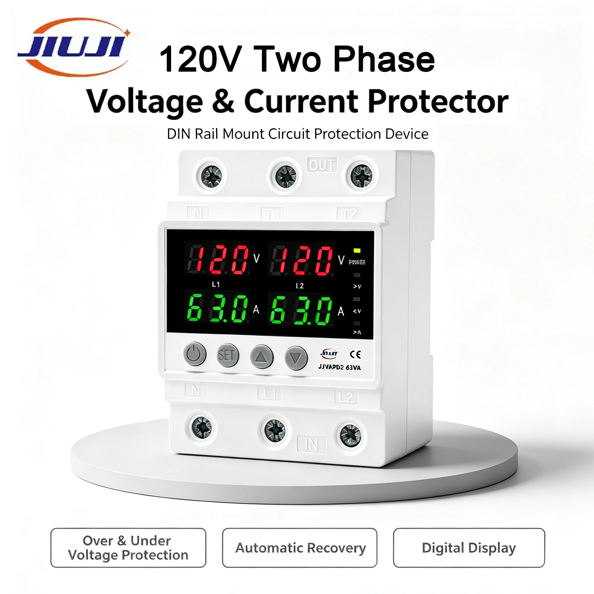 JIUJI JJVAPD2‑63VA 120V Two‑Phase Voltage‑Current Protector DIN Rail AC80‑180V Digital Display Multi‑Protection Auto Reconnect