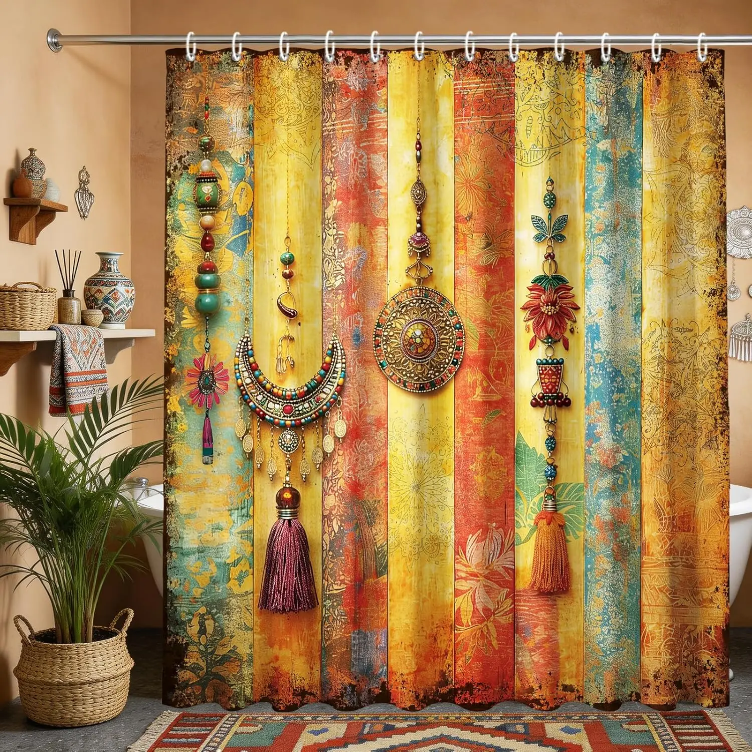Vintage Boho Shower Curtain Colourful Farmhouse Rustic Plank Shower Curtain Bathroom Indian Retro Pendant Bathtub Decor Fabric