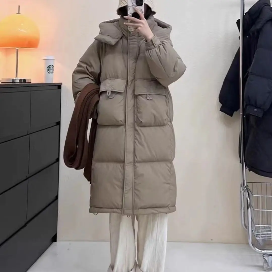 

DressDown Women'S Long 2024 Winter New Loose Warm Over-The-Knee Hooded White Duck Down Bread Solid Color Dow