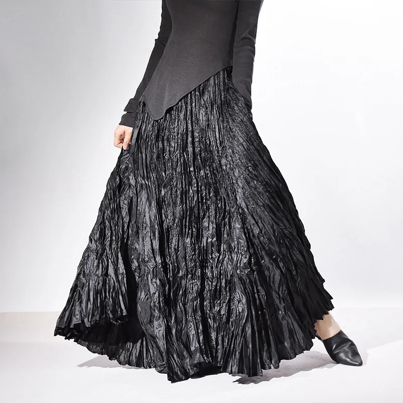 High Quality Women Spring Long Skirts Wide Hem Pleated Design High Waist A-Line Dance Maxi Skirts Faldas Femme Streetwear