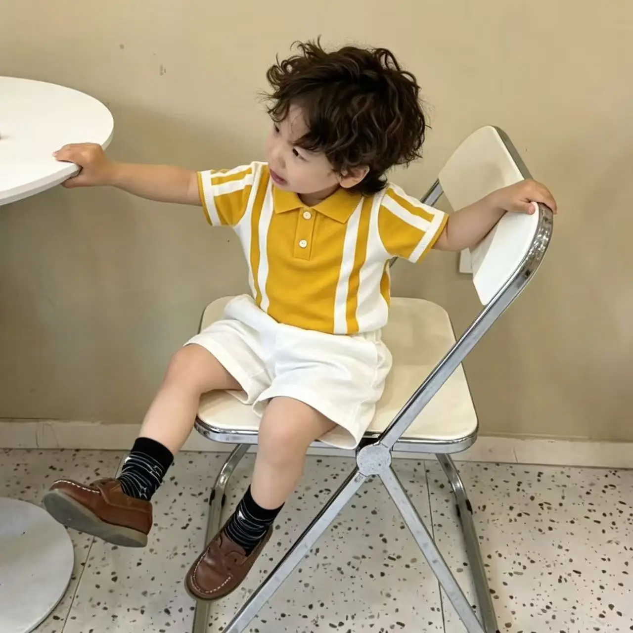 

Boys' Summer Set Fashion New Children's Yellow Knitted Short Sleeved T-shirt+Casual Shorts Two-piece Set