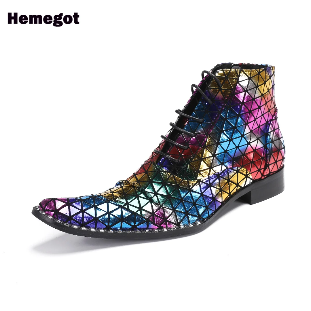 Colorful Leather Men's Boots Triangular Grid Gold Leather Stylish Side Zipper Men Boots Big Size 37-47 Botas Zapatillas Mujer