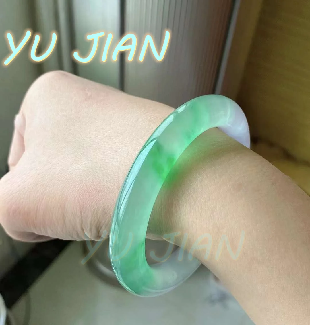 New Genuine Natural Burma Jadeite Floating Green Flower Bracelet Bangle Starry Sky Color Positive Handring Lucky FINE Jewelry