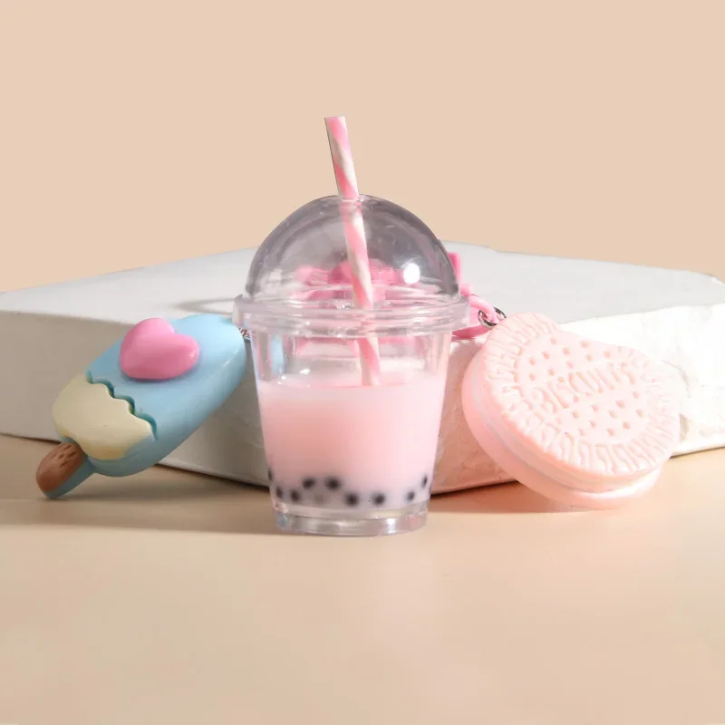 Cute  Keychains Ice-cream Bubble Tea Biscuit Pink Key Rings Friendship For Best Friend Women Girl Handbag Gift Jewelry image 2