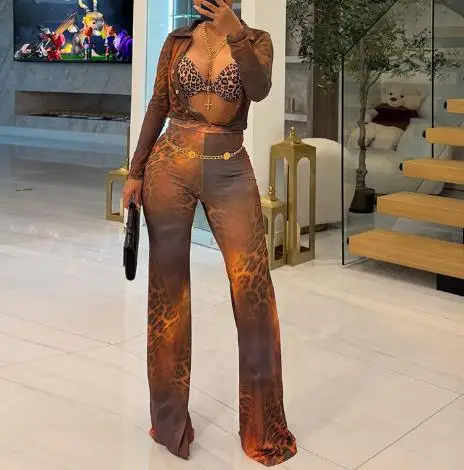 

2025 autumn and winter new women's leopard print mesh fabric, lapel button cardigan, flared pants set