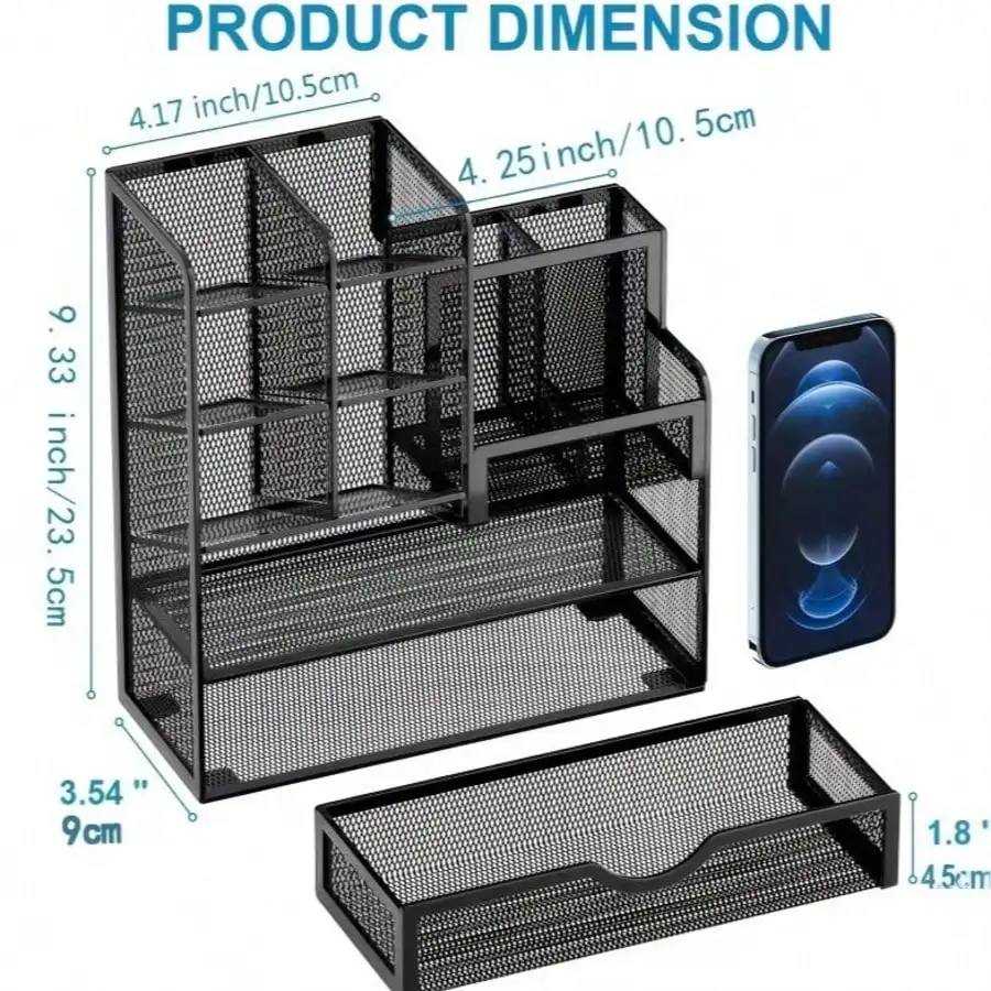 Mesh Desk Organizer, Multi-Functional Stationery Storage Holder With Pen Holders, Side Pockets And Clear Drawer