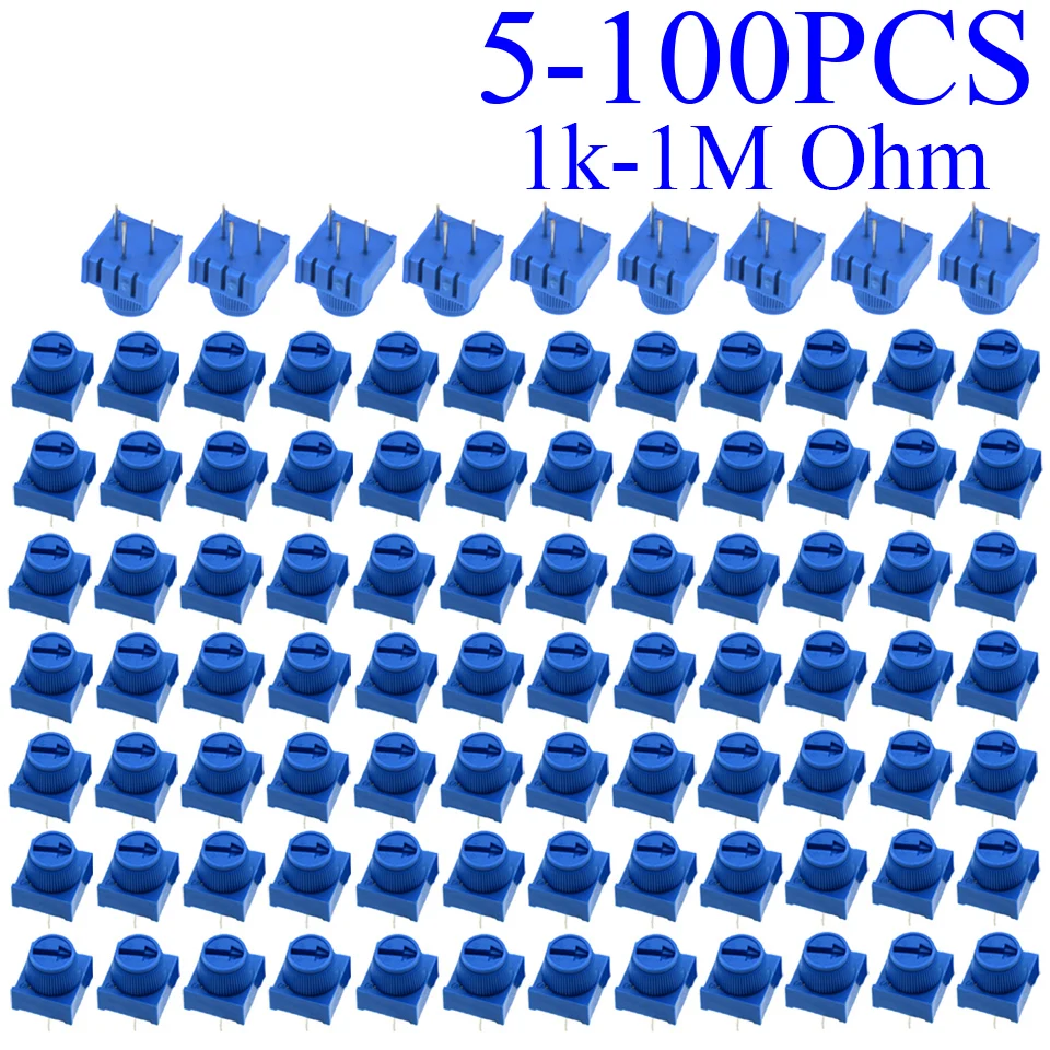 5-100pcs 3386P-1-103 1k 2k 5k 10k 20k  0.5W, 1/2W PC Pins Through Hole Trimmer Potentiometer Cermet 1 Turn Top Adjustment