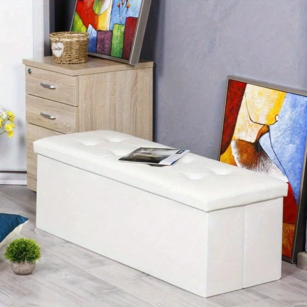 Faux Leather Folding Storage Ottoman Bench 43 inch - White