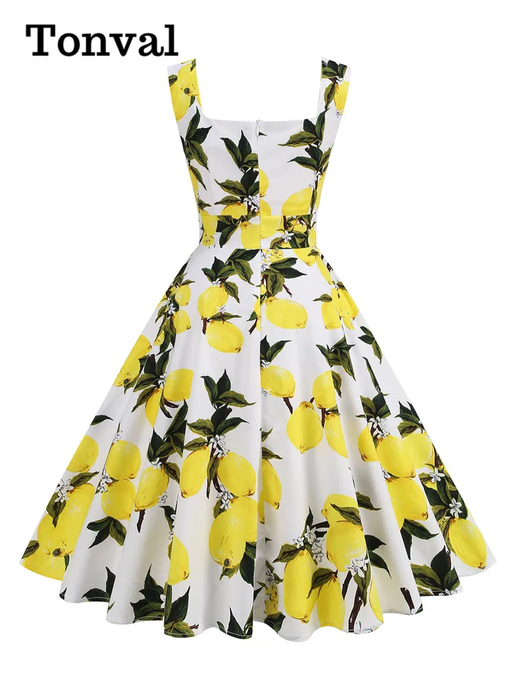 Tonval Lemon Print 40s 50s Pinup Vintage Women Cotton Dresses Square Neck Summer Sleeveless High Waist Elegant Party Dress