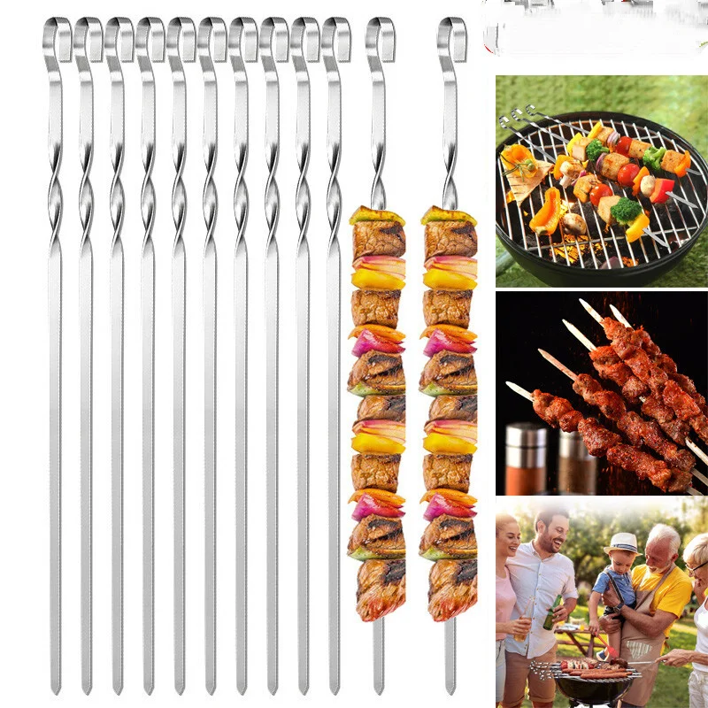 36 Stück Edelstahl-Grillspieße, wiederverwendbare, flache, runde Metall-Grillstäbe, lange Grillspieße für Fleisch, Kebab-Spieße, modernes, minimalistisches Grillzubehör für den Außenbereich