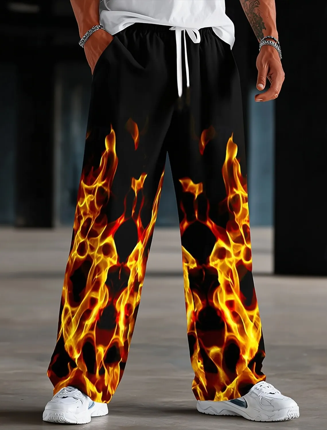 2026 Fashion Men's Optical Illusion Flame Trousers Baggy Pants Casual Pants Mid Waist Elastic Drawstring Waist Pants Fall Spring