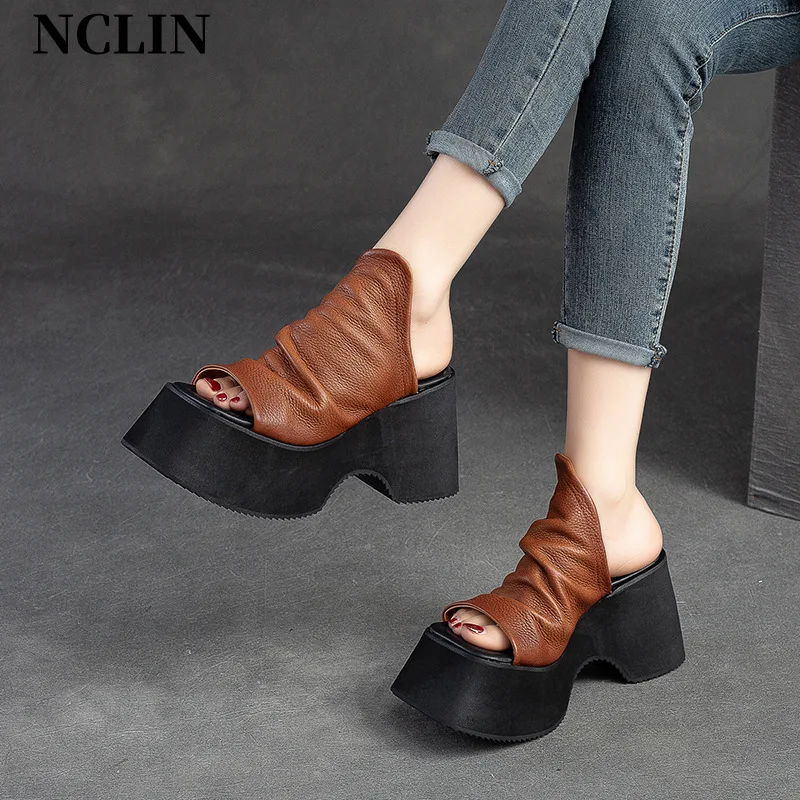 

New Genuine Leather Women Sandals Chunky Heel Buckle Strap Platform Sandals Pumps For Women Summer Casual GLADIATOR Women Shoes