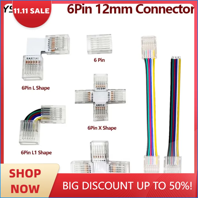 5PCS/lot 12mm 6PIN L/X/T Shape Free Soldering Wire Terminal Connector for 5IN1 RGB+CCT RGB+CW LED Strip Light 6 PIN Connector