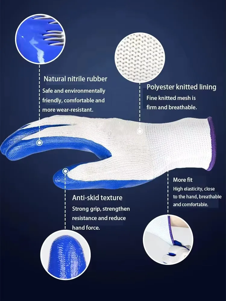 3 คู่ลื่นทนต่อการสึกหรอถุงมือไนไตรล์ระบายอากาศแรงงานอุตสาหกรรมอาคารความปลอดภัยในการก่อสร้างถุงมือทํางานลื่น