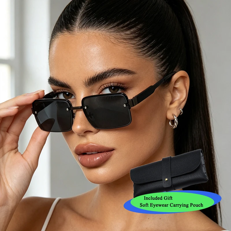 Y2K Retro Semi-Rimless Square Sunglasses for Men and Women, Riveted Metal Fashion Statement Frames, UV-Protective Outdoor Driving Sunglasses with Storage Pouch