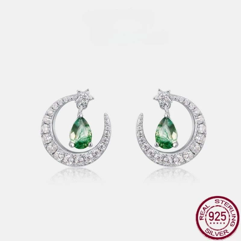 

Новый S925 чистый серебряный лунный натуральный зеленый мох камень полный бриллиант водная трава агат серьги модные свадебные украшения