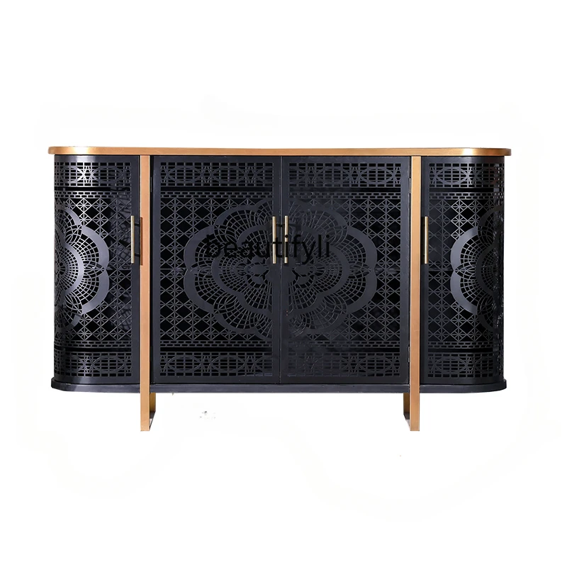 Europeanstyle light luxury iron carved dining sideboard solid wood entrance hall Italian style black gold hollow storage cabinet