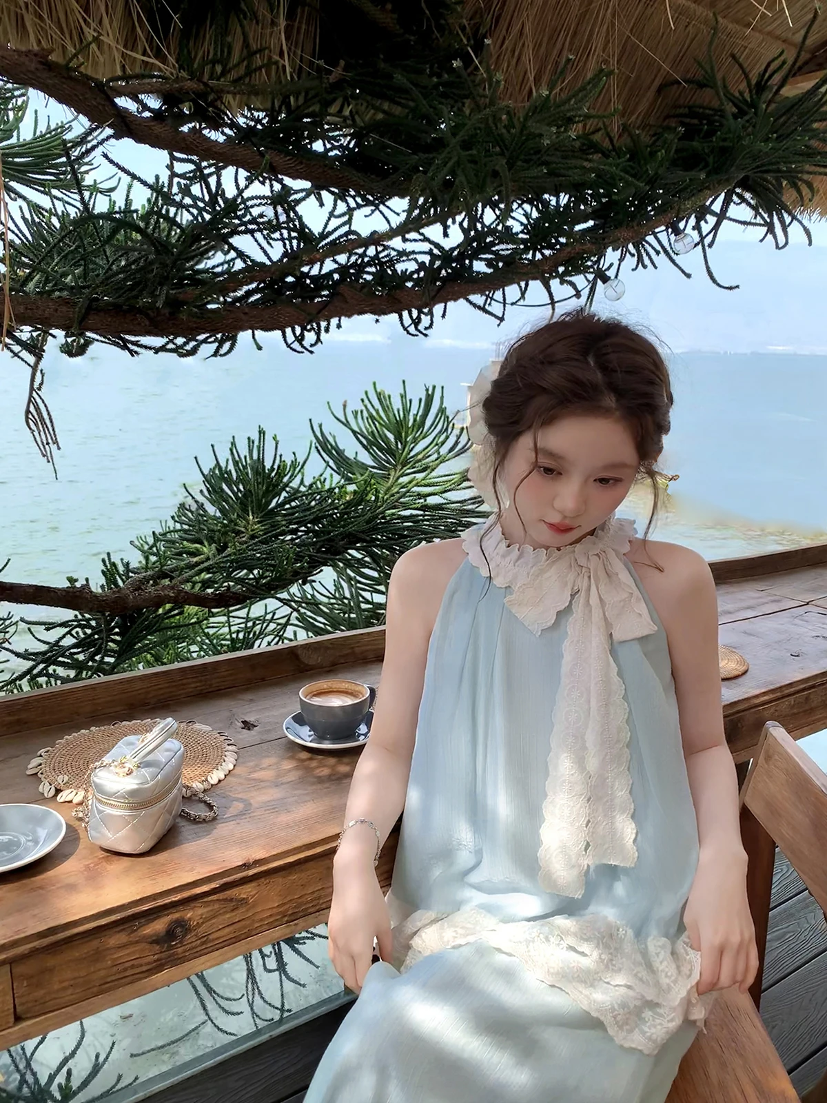 

plus Size Summer Vacation Mint Green Shoulder Bared Set Women's Loose Fit Lace Splice Knot round Neck Midi Dress