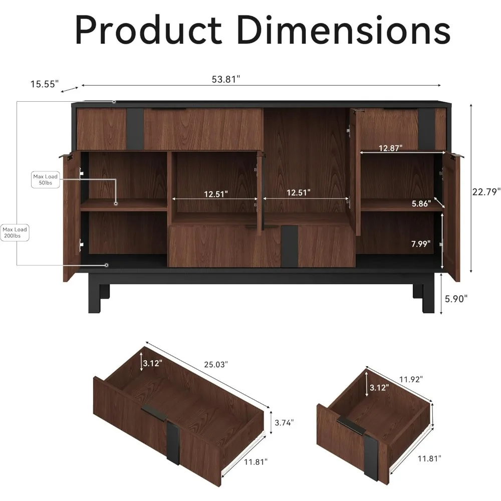 خزانة جانبية بأبواب هندسية ثلاثية الأبعاد، وخزانة تلفزيون مقاس 54 بوصة مع 4 أبواب و3 أدراج، وخزانة تخزين بوفيه Credenza #2