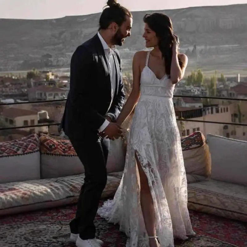 Side Split Boho Spaghetti Straps A-line Bridal Wedding Dress V Neck Backless Brush Train Floral Lace Bride Gown Custom Made