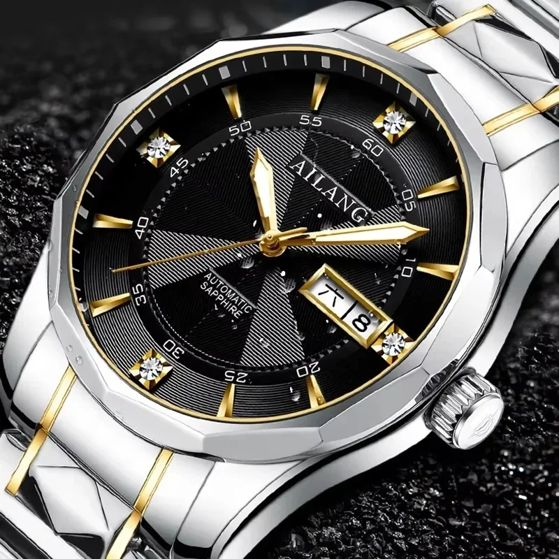 AILANG-8612 Men Automatic Mechanical Watch Two-tone Stainless Steel Band Diamond Dial Dual Calendar  Business Wristwatc