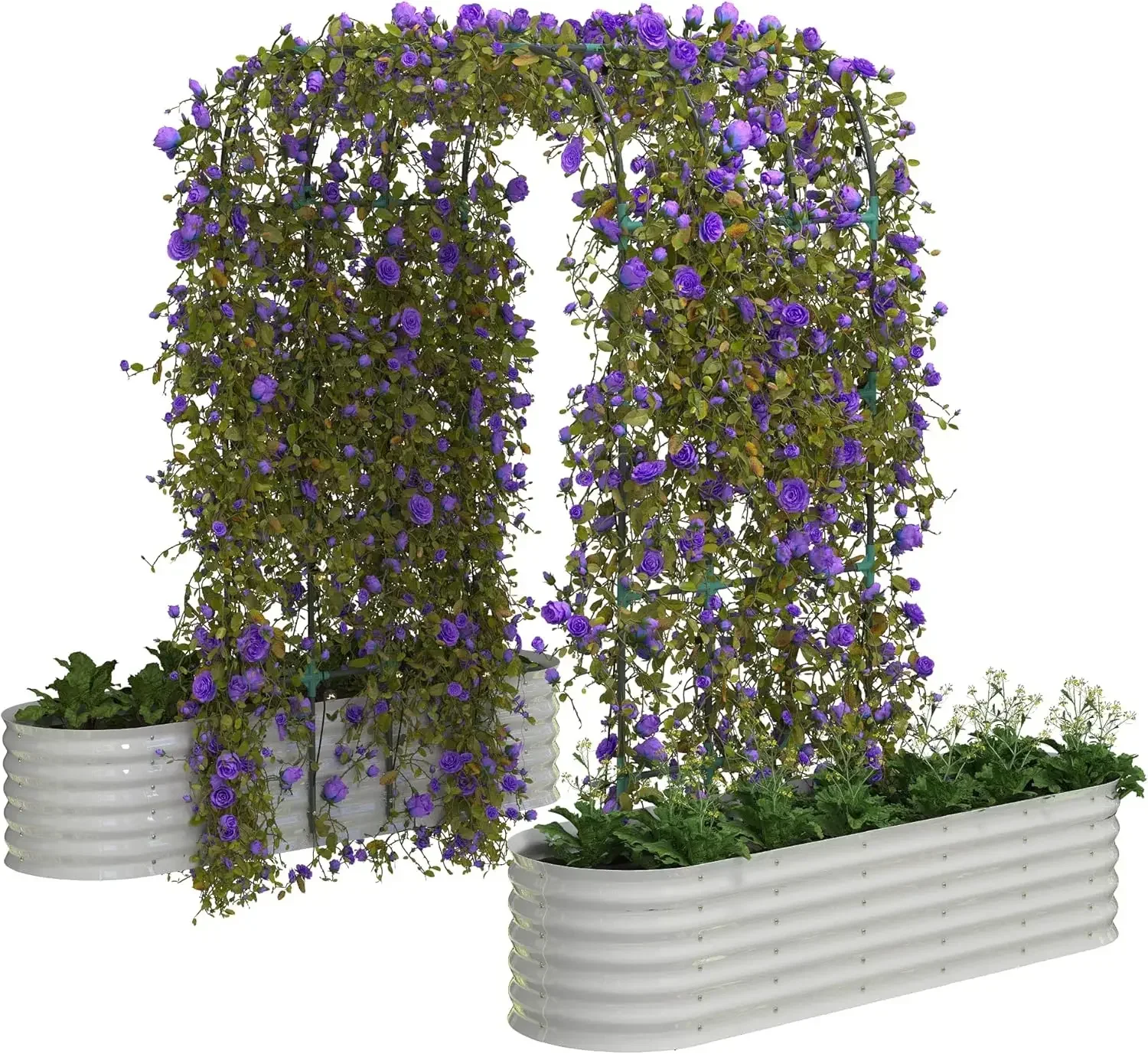 Galvanized Raised Garden Bed with 96 in Tall Vertical Arch Trellis – Expandable Rust-Resistant Planter Box for Outdoor Plants, F
