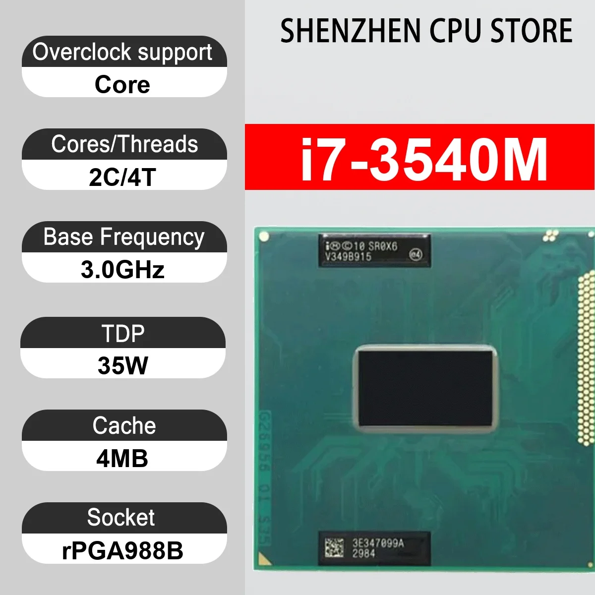 Intel Core i7-3540M 2 Core 4 Thread 3.0GHz 35W 4MB Cache 22nm rPGA988B SR0X6 DDR3/L/-RS 1333/1600MHz Ivy Bridge HD Graphics 4000