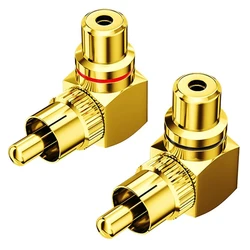 Gold-Plated Brass RCA Right Angle Adapter for TV Speaker Jack 90 Degree Metal RCA Male to Female Connector Plug (Black + Red)