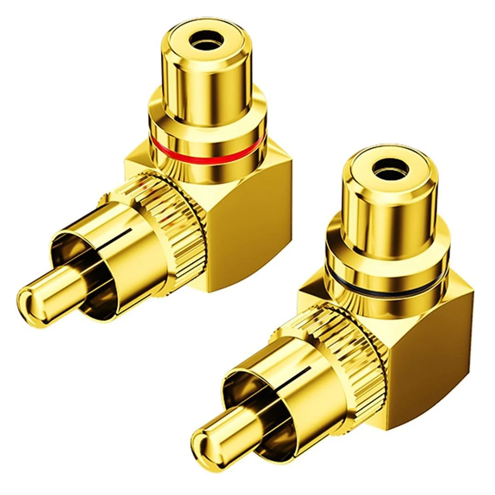 Gold-Plated Brass RCA Right Angle Adapter for TV Speaker Jack 90 Degree Metal RCA Male to Female Connector Plug (Black + Red)