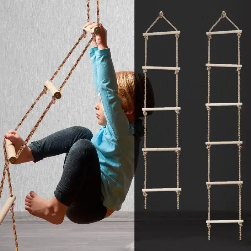 Kids Wooden Ladder Outdoor Activity Safe Sports Rope Swing Wooden Rope Ladder Multi Rungs Climbing Game Garden Sports Climbing
