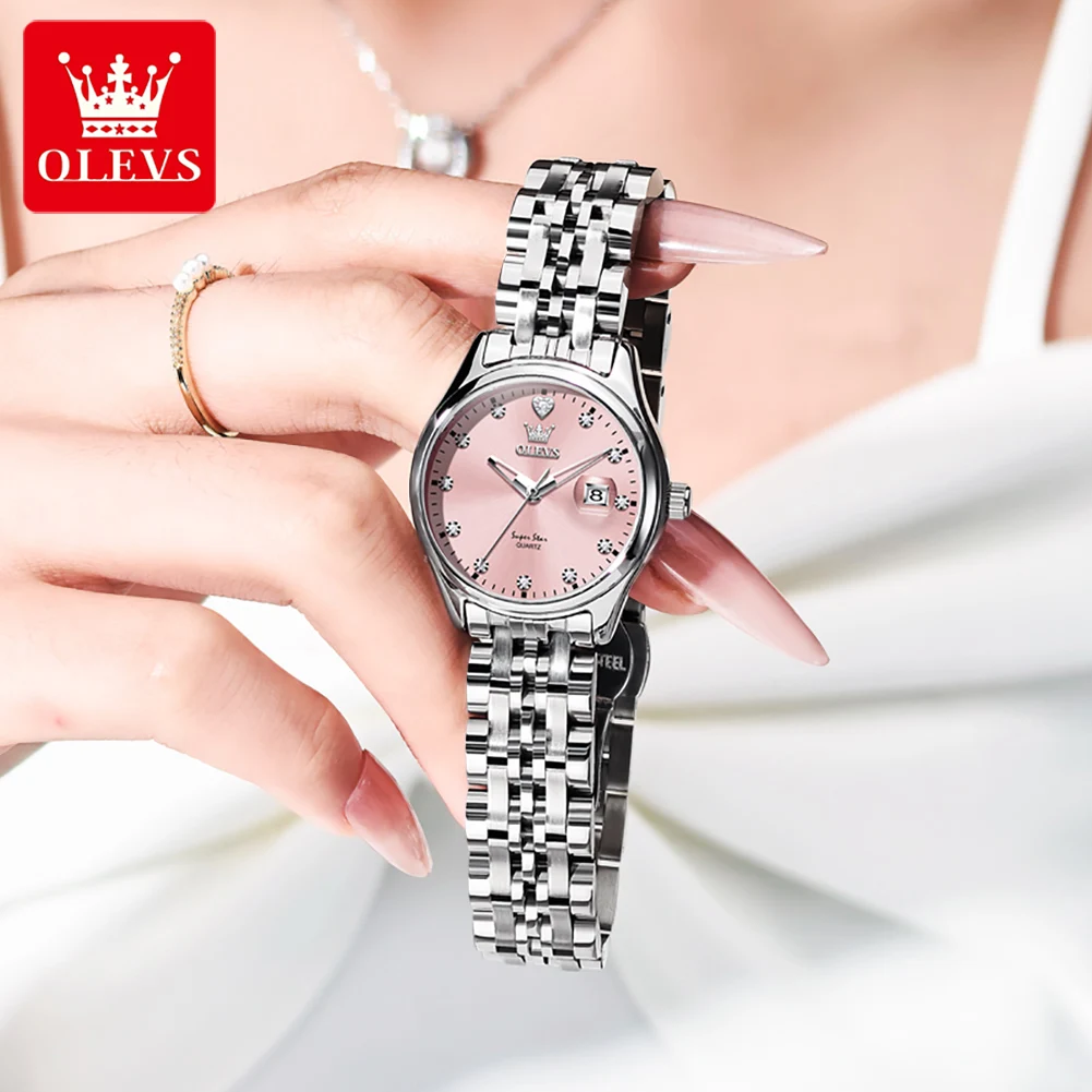 OLEVS 5649 ساعة نسائية جديدة ساعة كوارتز نسائية ستانلس ستيل مقاوم للماء مضيئة تاريخ ساعة ماركة أنيقة الماس ساعة نسائية