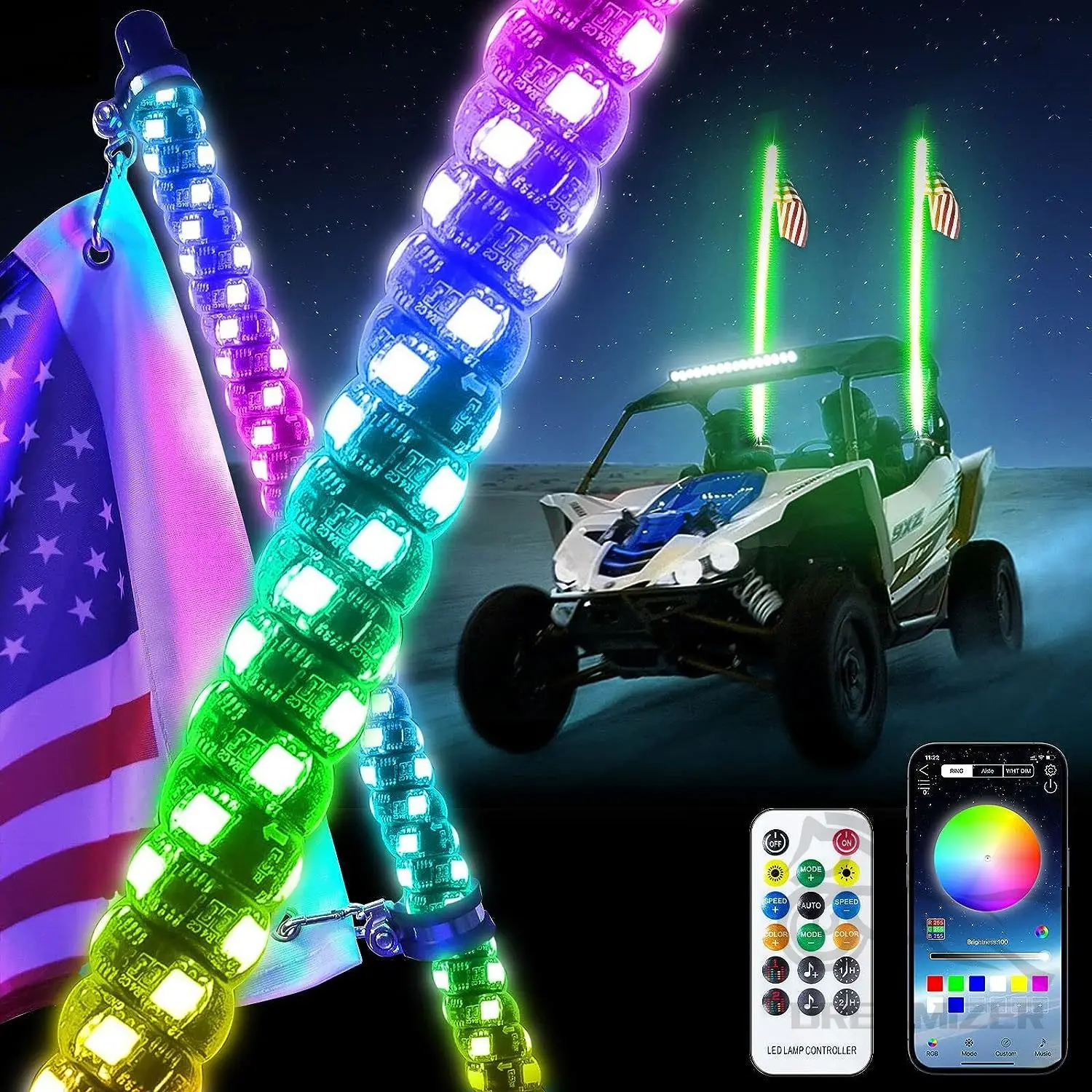 2pcs 3/4 ft LED Whip Light With App Remote Control Spiral RGB Chasing Music Whip Light for UTV ATV RZR Can-Am SXS Polaris