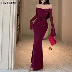 BGTEEVER Elegant Slash Neck Long Sleeve Female Bodycon Party Dress Autumn Stylish Flare Sleeve Ladies Split Package Hip Dress