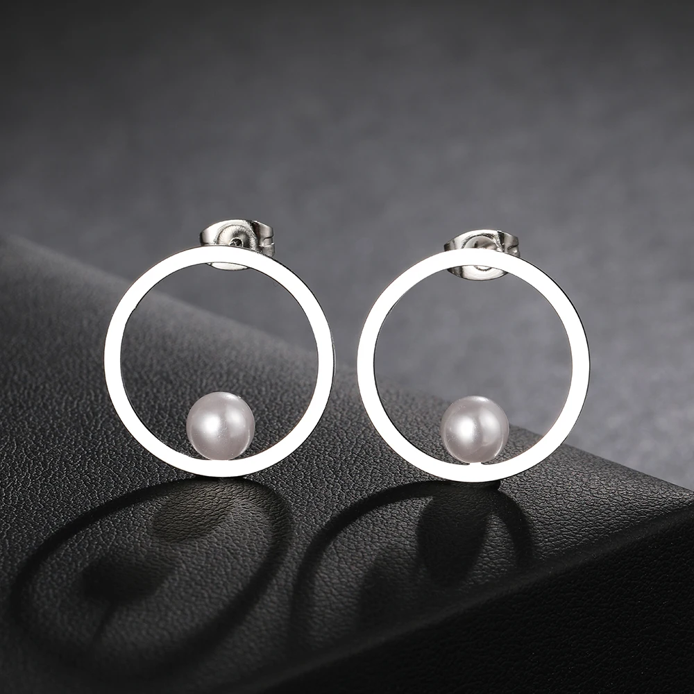 Stainless Steel Earrings Geometric Large Circle Fashion Pearl Stud Earrings For Women Jewelry Luxury Party Girls Unusual Gifts