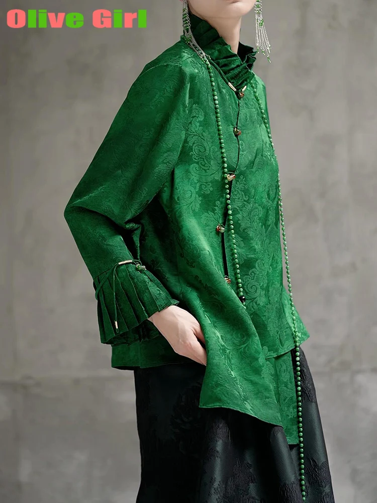 2025 グリーンシャツトップ ジャカード生地 エレガント 高級 花びら袖 中国伝統衣装 レディースブラウスシャツ 女性用