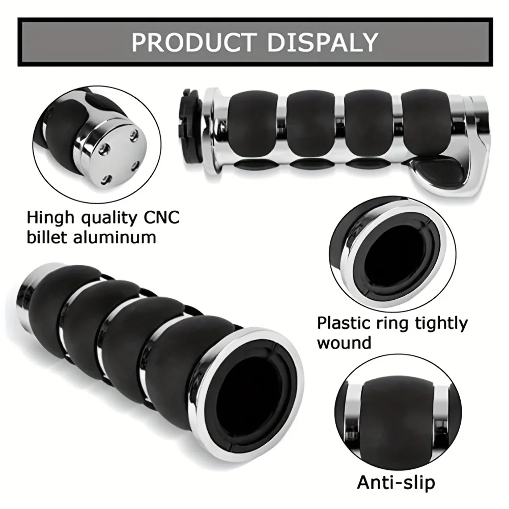 25mm Motorcycle Hand Grips for Enhanced Control - Easy-Install, Chrome & Black Aluminum Rubber, Perfect for 1-Inch Handlebars