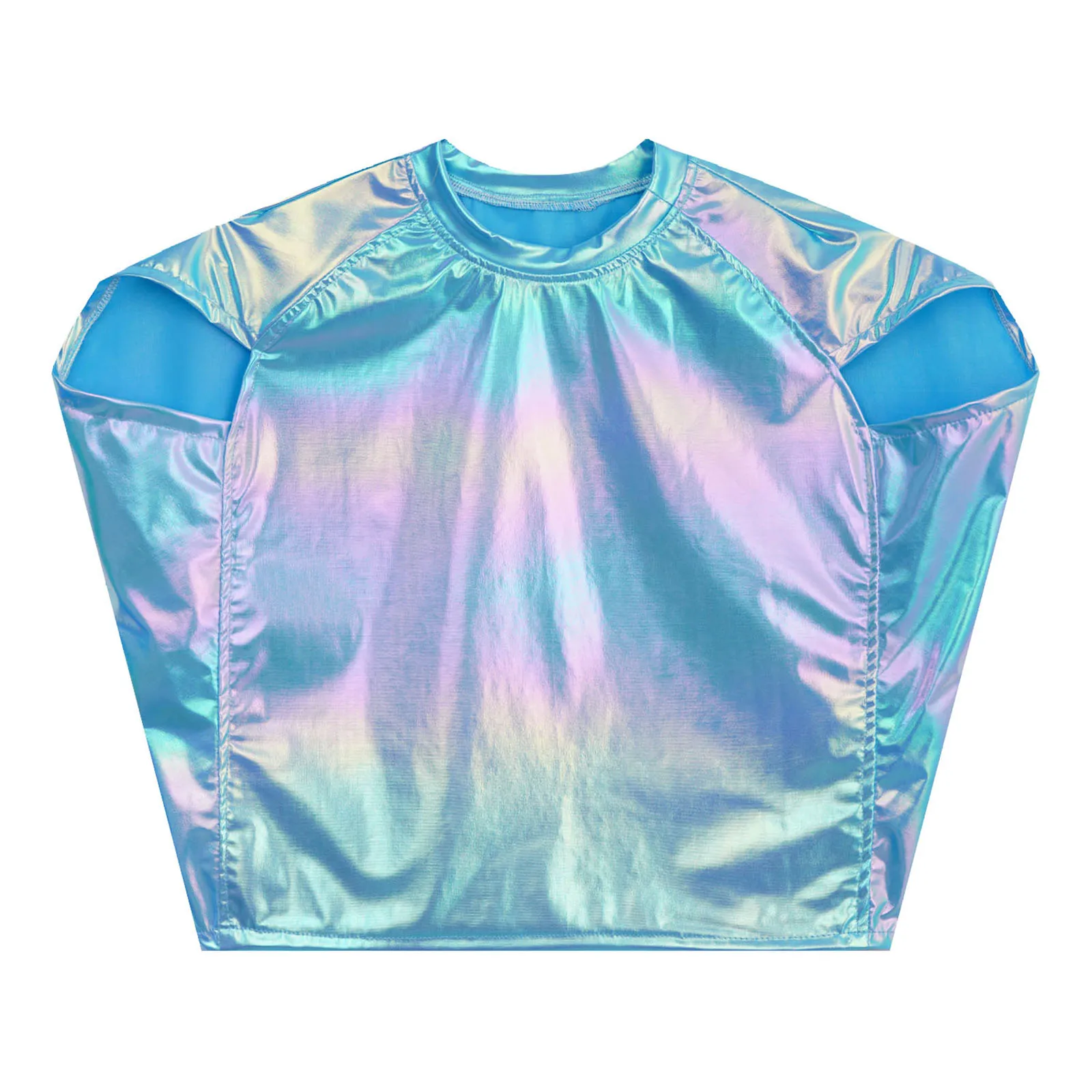 

Kids Girls Boys Shiny Metallic Dance Top Tee Cap Sleeve Round Neck T-Shirt Jazz Hip-hop Cheerleading Dance Performance Costume