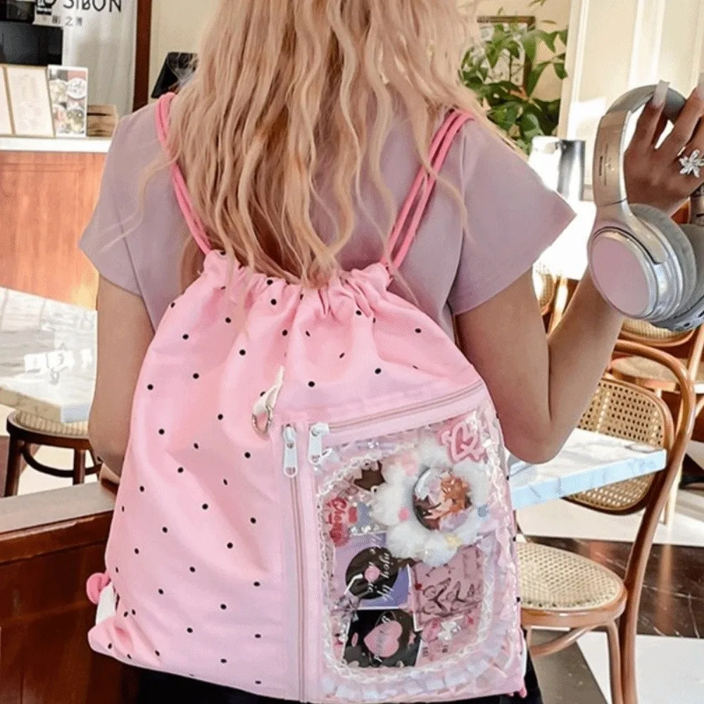 Korean Style Nylon Drawstring Backpack Wave Point Lightweight Light Soft Nylon Bag Harajuku Sweet Student Schoolbag Travel
