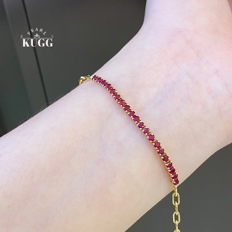 

KUGG 100% 18K Yellow Gold Bracelet Fashion Geometric Shape Chain INS Style Real Natural Ruby Bracelet for Women Birthday Gift