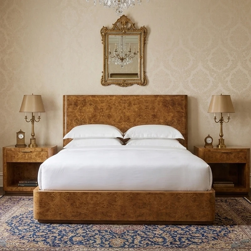 xx-RH Inspired European Simple Mansion Furniture BELMONT Solid Oak King Bed Upholstered Premium Veneer Finish Custom Luxury