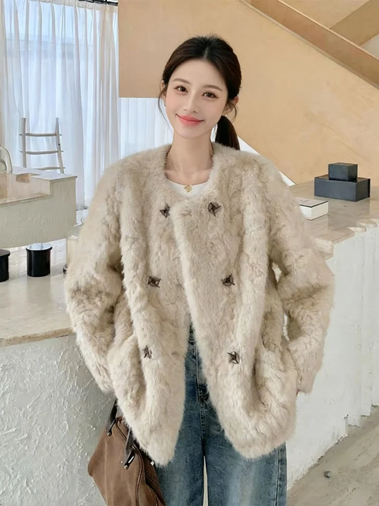 

Ele round Ne Luxury Fur Coat Women's Eco-friendly ort Outerwear Soft Nibba Velvet High-end Inteated Leather And Fur