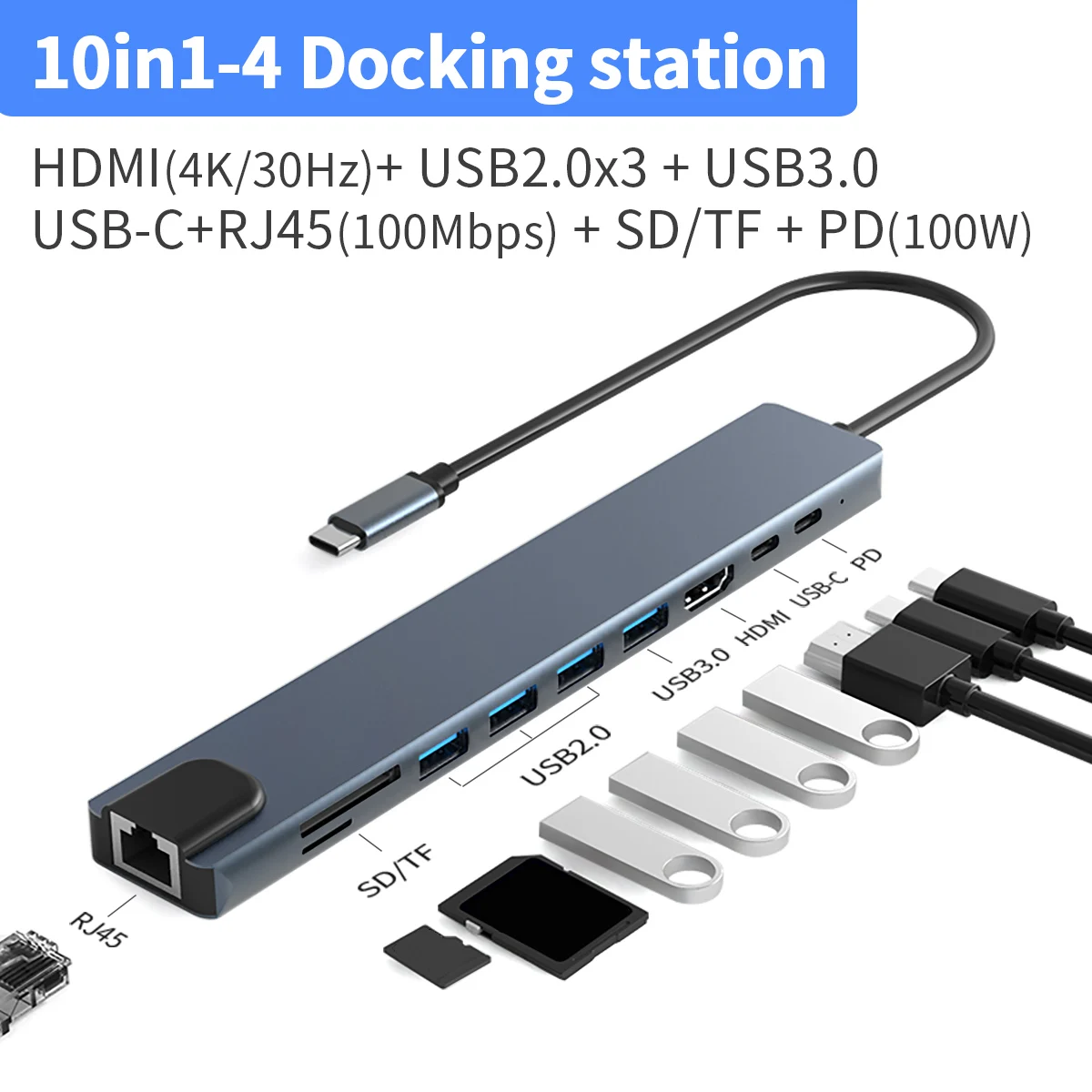 Gopala USB C Hub 10-in-1 with 4K@30Hz HDMI, Ethernet, 1 USB-C and 3 USB-A Ports, TF/SD Card Slot for MacBook Air/Pro, XPS