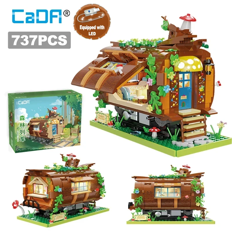 Cada 737Pcs LED City Forest Train Tree House Building Blocks Mushroom House Architecture Bricks Toys for Kid Gifts